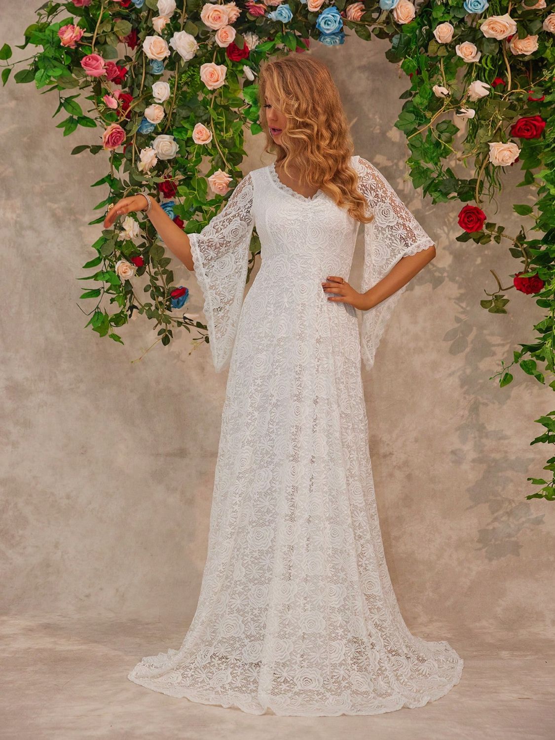 Lace V-Neck Floor length Dress OutfitFlow