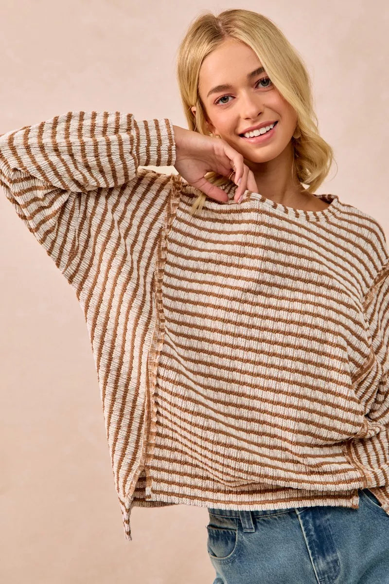BiBi Open Seam Detail Textured Stripe Knit Top OutfitFlow