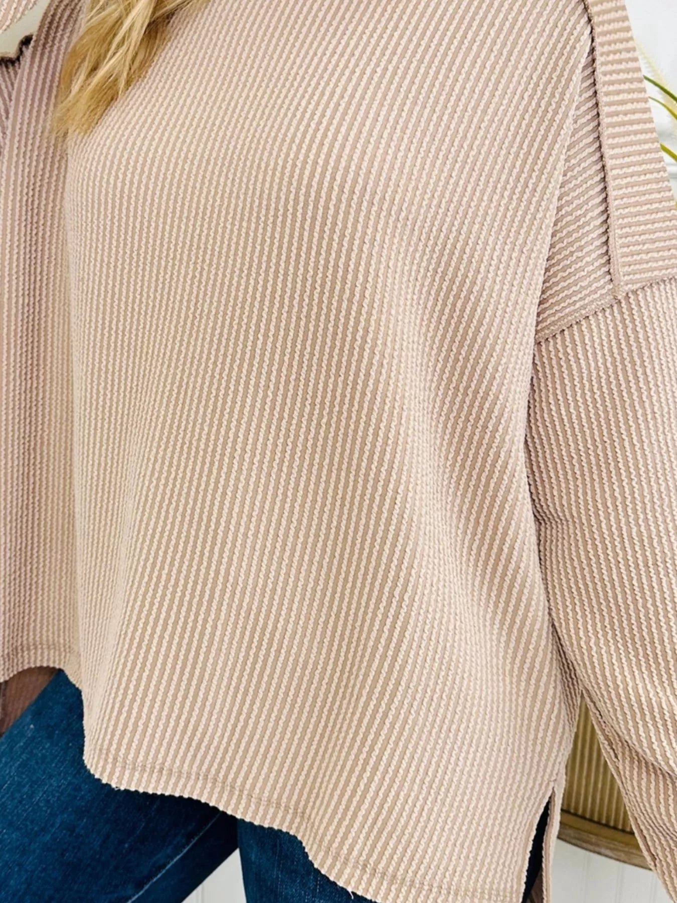 Twist Ribbed Exposed Seam Detail Long Sleeve Loose Top OutfitFlow