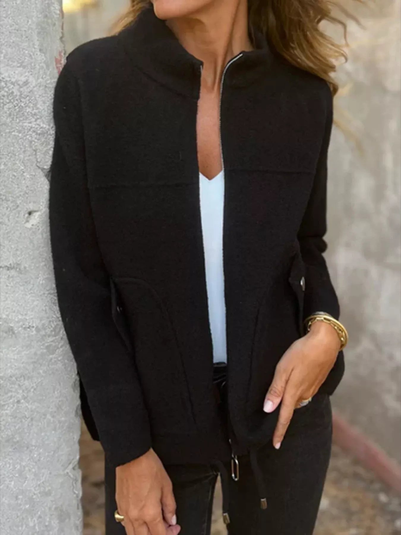Full Size Textured Knit Zip Up Outerwear Plus Size Trendsi