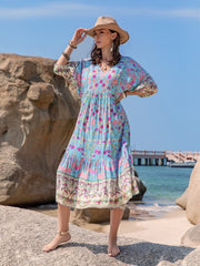 Printed Puff Sleeve Ruched Midi Dress OutfitFlow