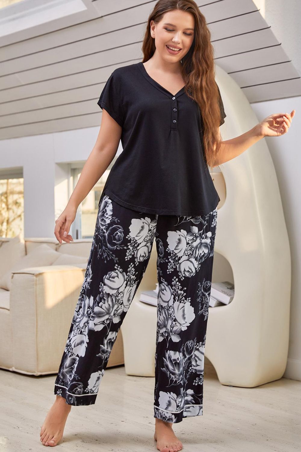 Outfit Flow - Full Size V-Neck Top and Floral Pants Lounge Set