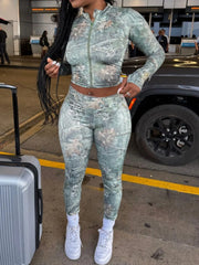 Zip Up Crop Top and Leggings Set OutfitFlow