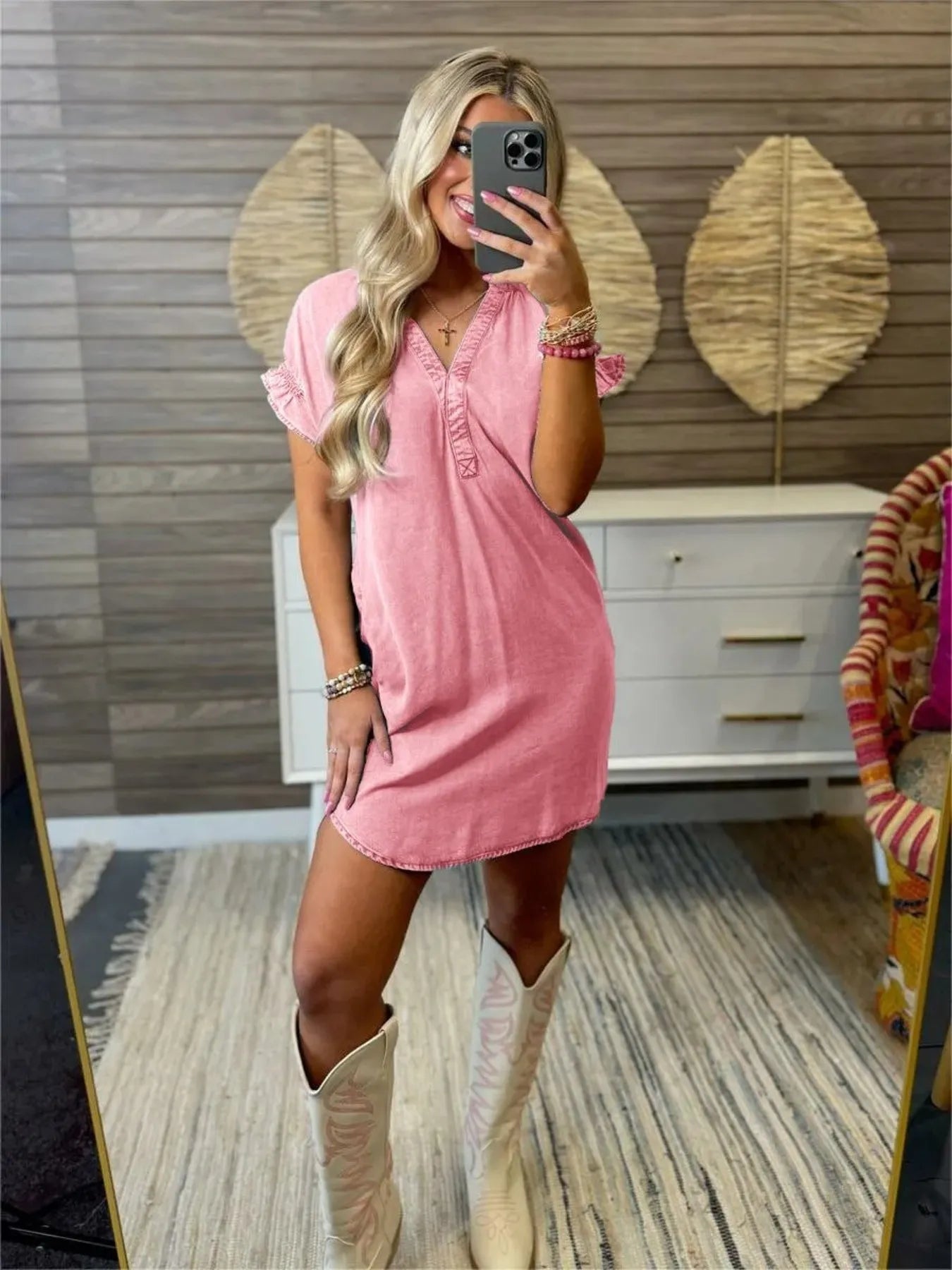 Full Size V-Neck Short Sleeve Denim Dress Plus Size Pink OutfitFlow