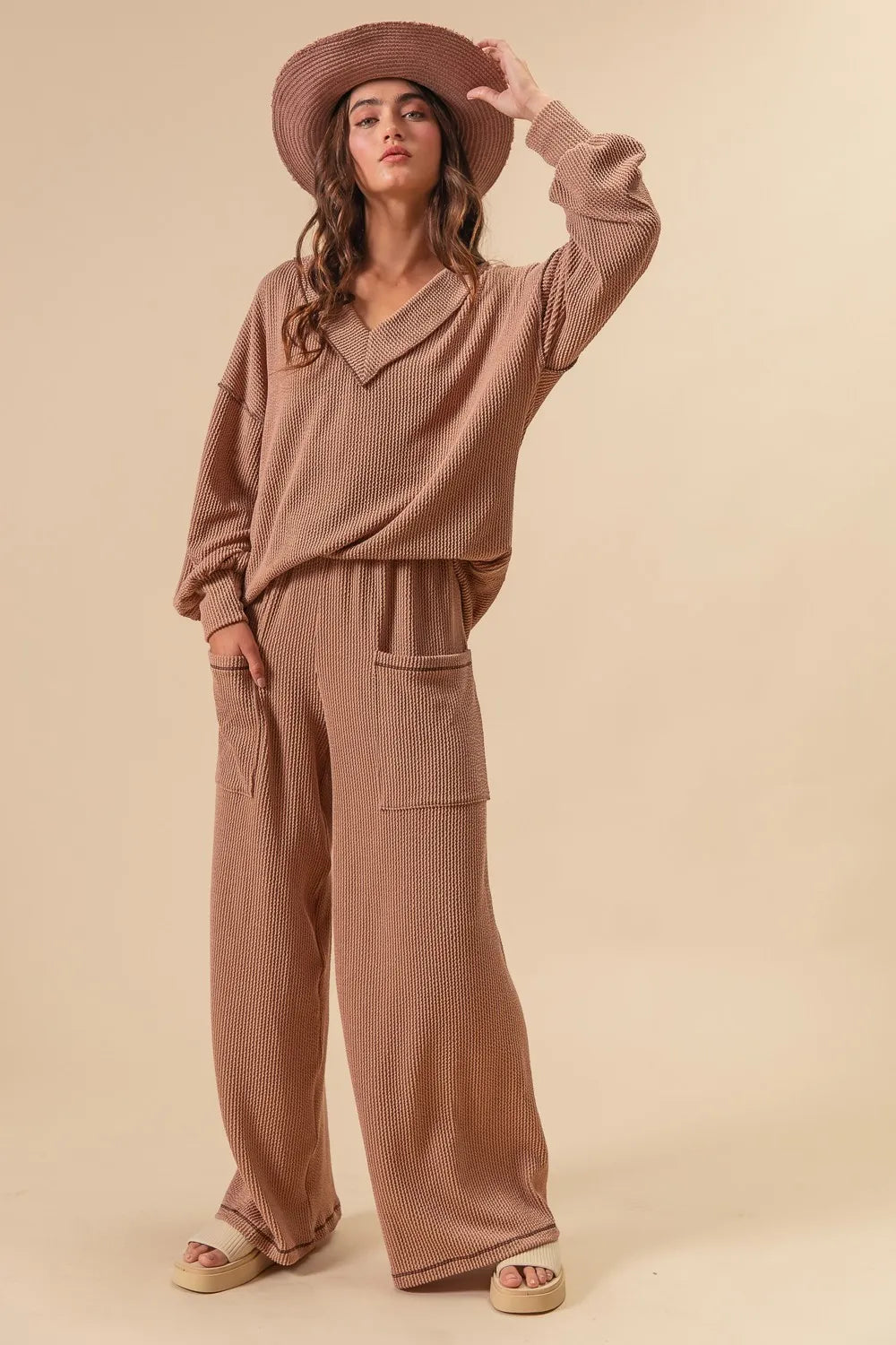 BiBi 2tone Cord Rib Waist Band Side Pocket Pants OutfitFlow