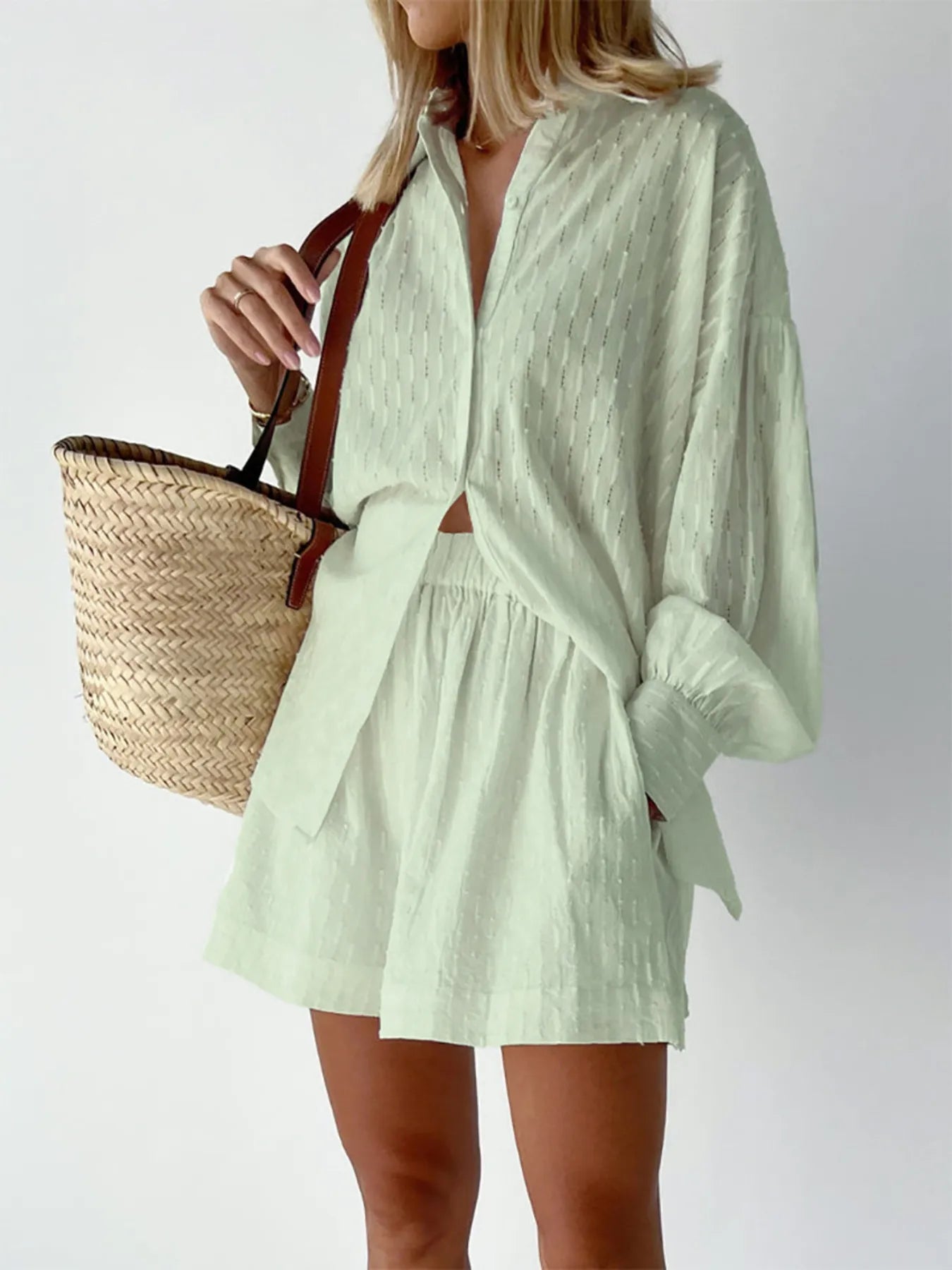 Textured Button-Up Shirt and Shorts Set OutfitFlow