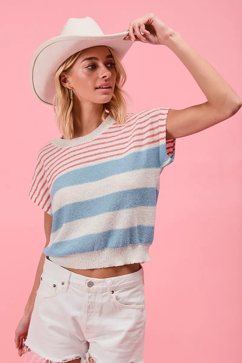 BiBi Stripes Lightweight Short Sleeve Sweater OutfitFlow