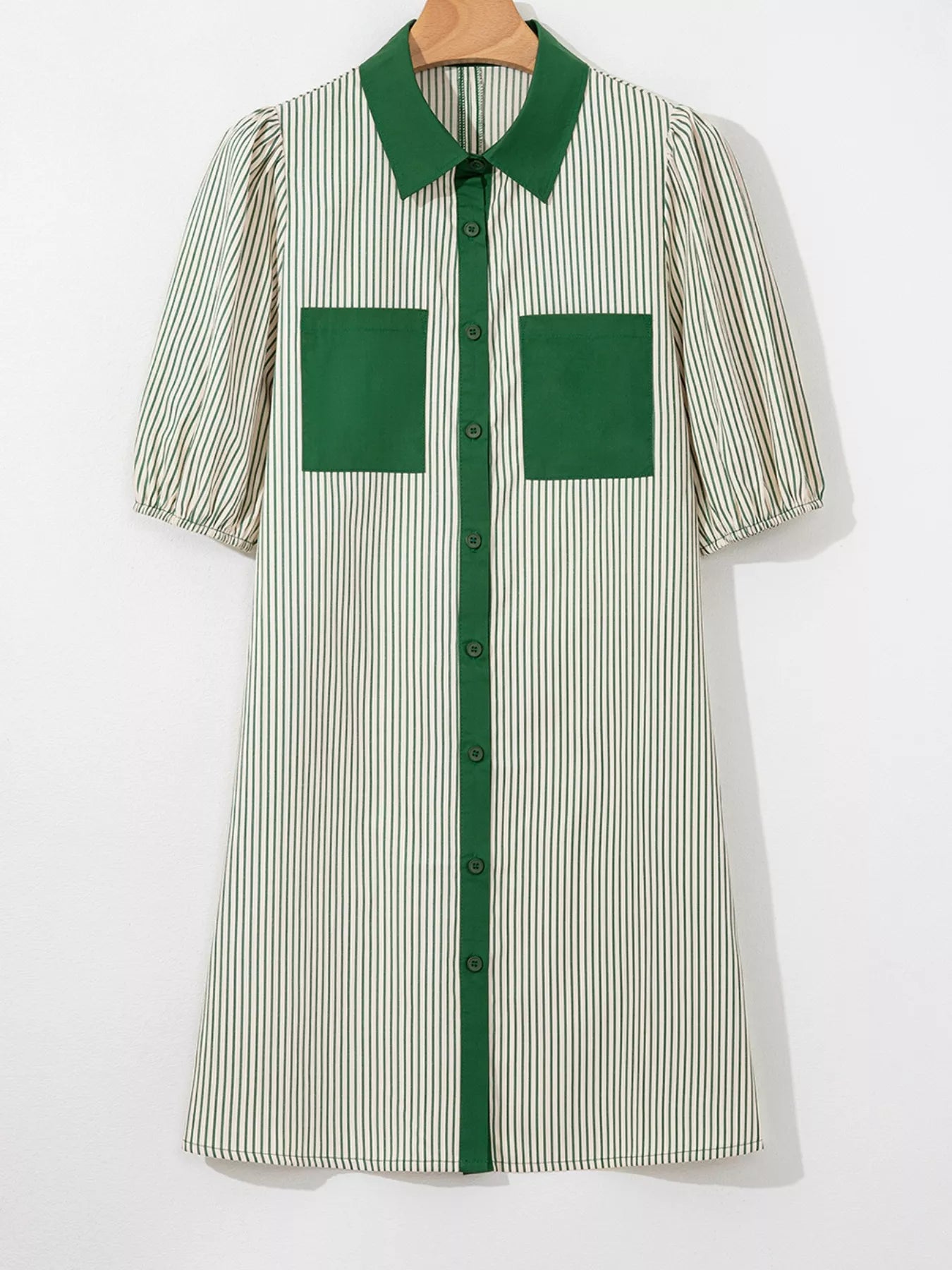 Stripe Color Block Patchwork Shirt Collar Button Down Puff Sleeve Mini Dress Trendsi