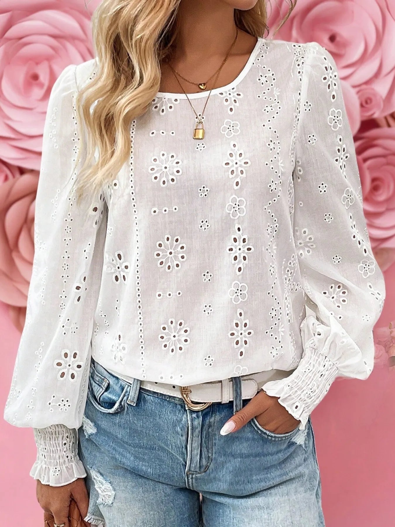Eyelet Long Sleeve Blouse with Elastic Cuffs OutfitFlow