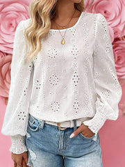 Eyelet Long Sleeve Blouse with Elastic Cuffs OutfitFlow