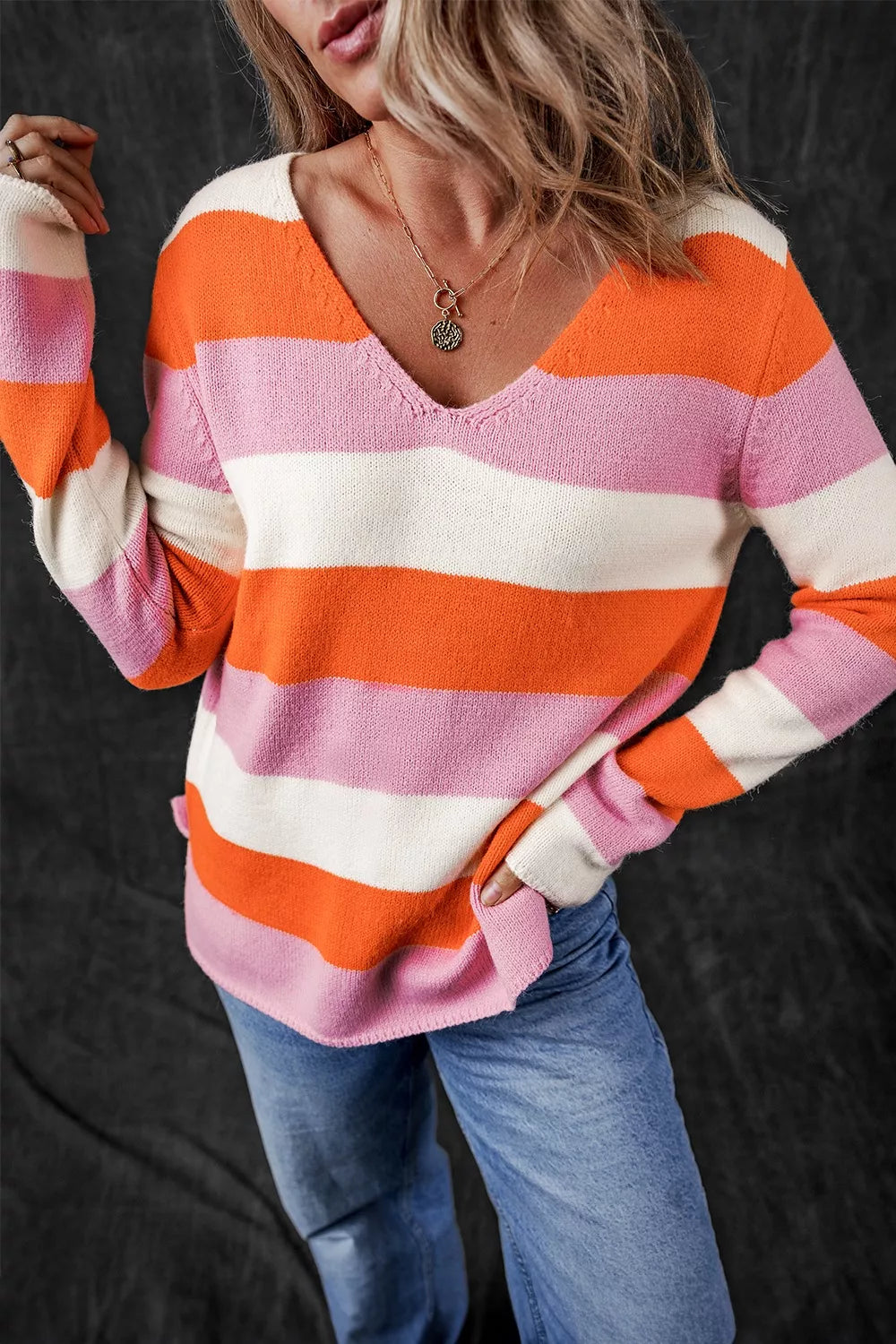 V-Neck Striped Color Block Knit Top Orange OutfitFlow