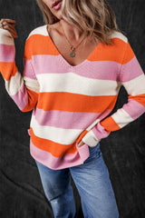 V-Neck Striped Color Block Knit Top Orange OutfitFlow