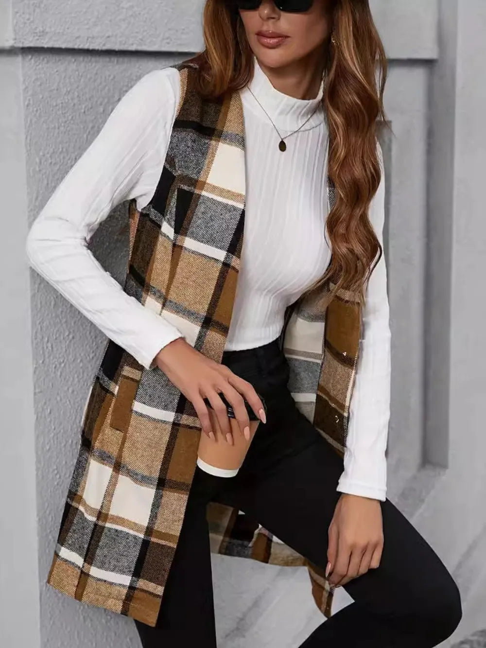 Plaid V-Neck Vest Coat Trendsi