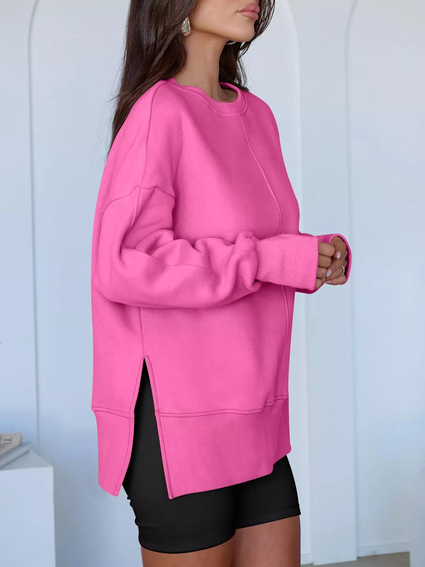 Side Slit Round Neck Long Sleeve Sweatshirt OutfitFlow