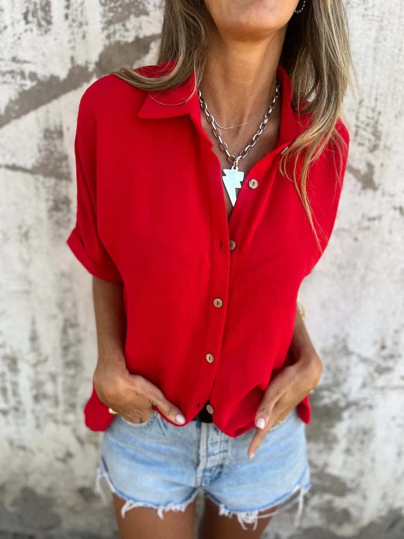 Full Size Casual Button Down Short Sleeve Loose Shirt Plus Size OutfitFlow