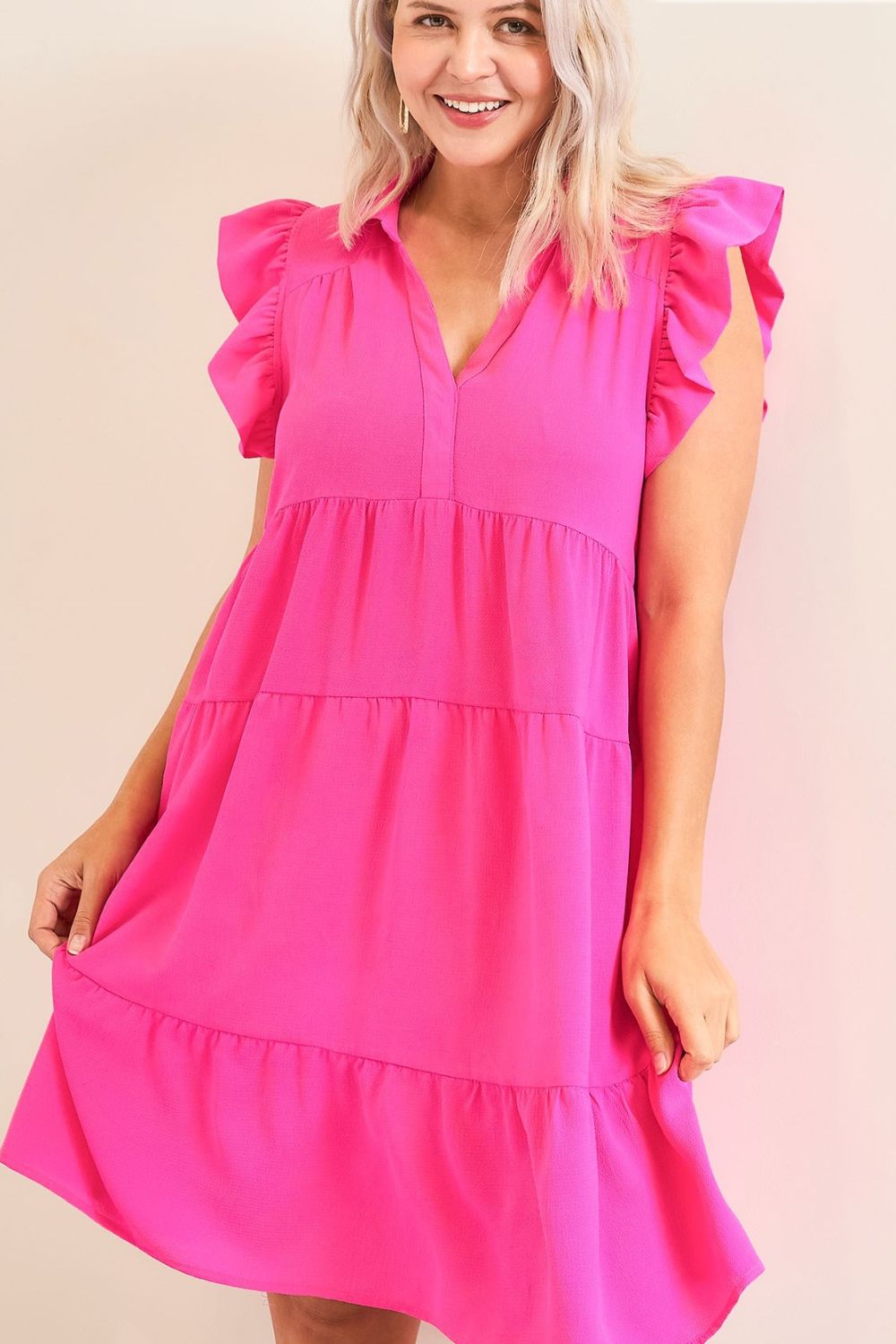 Umgee Full Size Johnny Collar Ruffle Cap Sleeve Tiered Dress Plus Size OutfitFlow