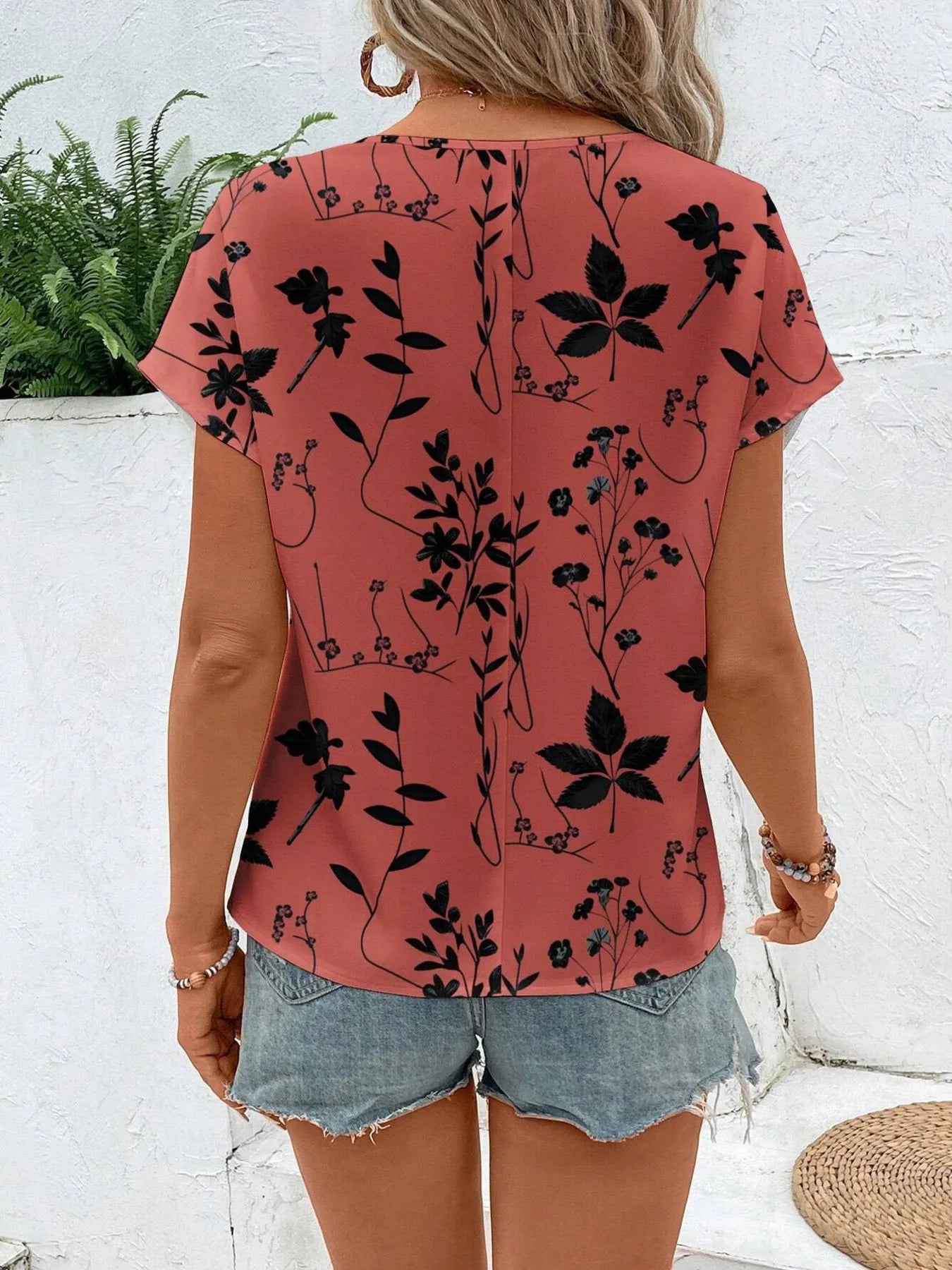 Printed Round Neck Short Sleeve Blouse OutfitFlow