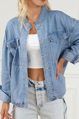 Outfit Flow - Drawstring Snap Down Denim Jacket with Chest Pockets