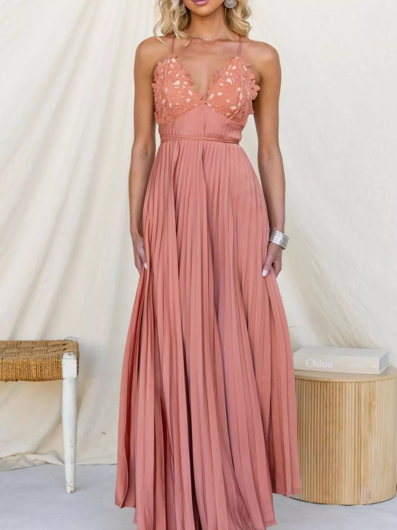 Pleated Backless Maxi Cami Dress OutfitFlow