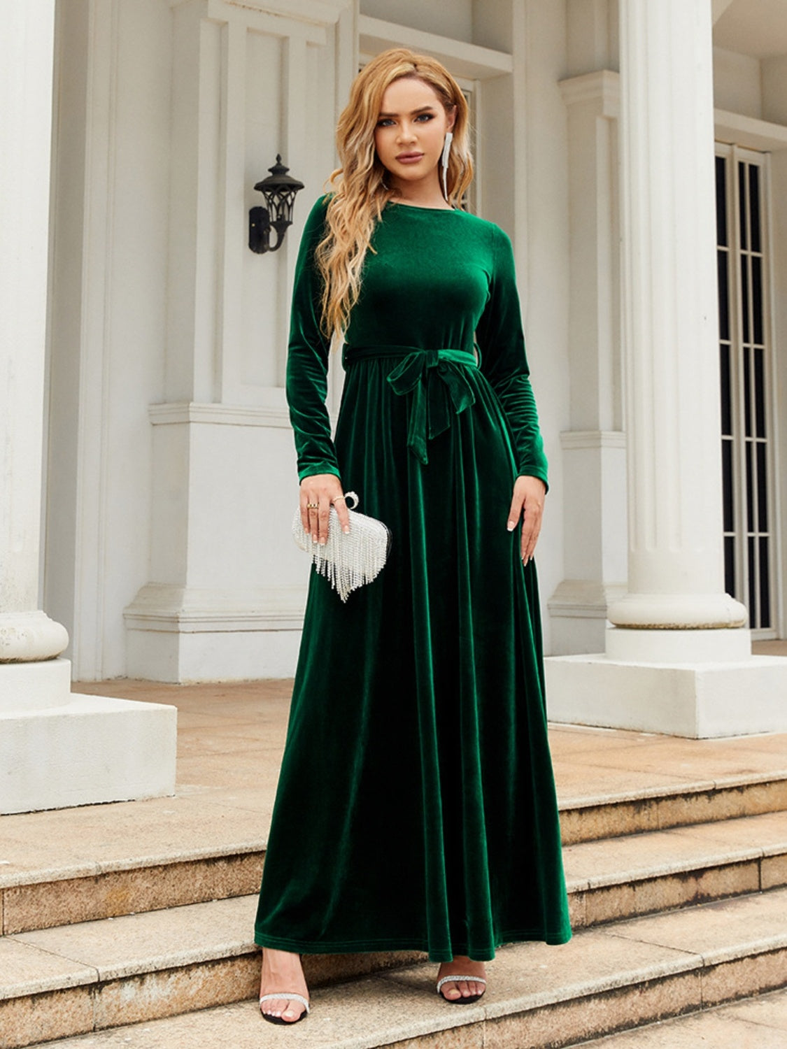 Tie Front Round Neck Long Sleeve Maxi Dress - Outfit Flow Tie Front Round Neck Long Sleeve Maxi Dress - Outfit Flow