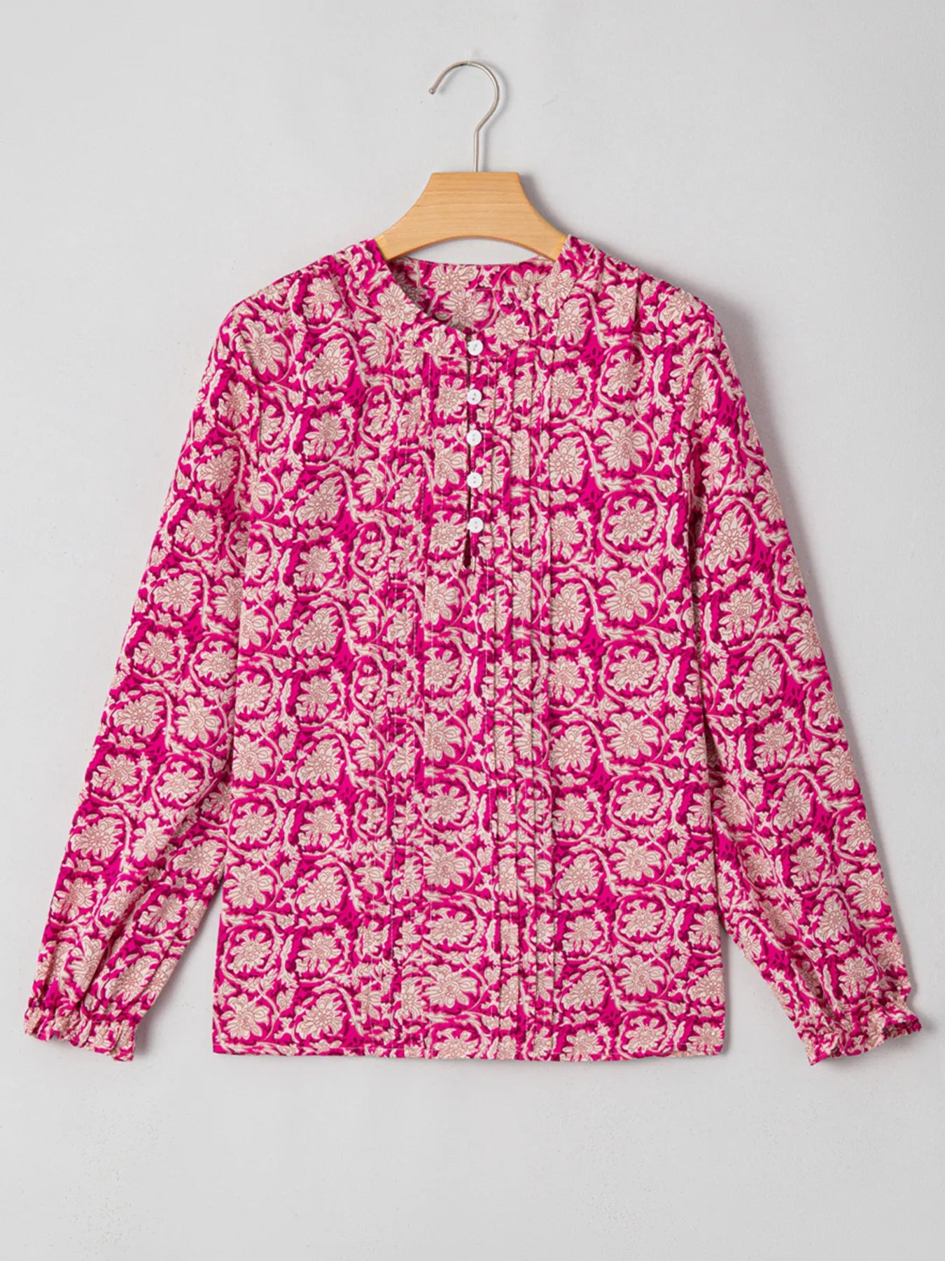 Floral Print Split Neck Pleated Long Sleeve Blouse OutfitFlow