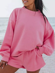 Relaxed Fit Round Neck Sweatshirt and Shorts Set Pink OutfitFlow