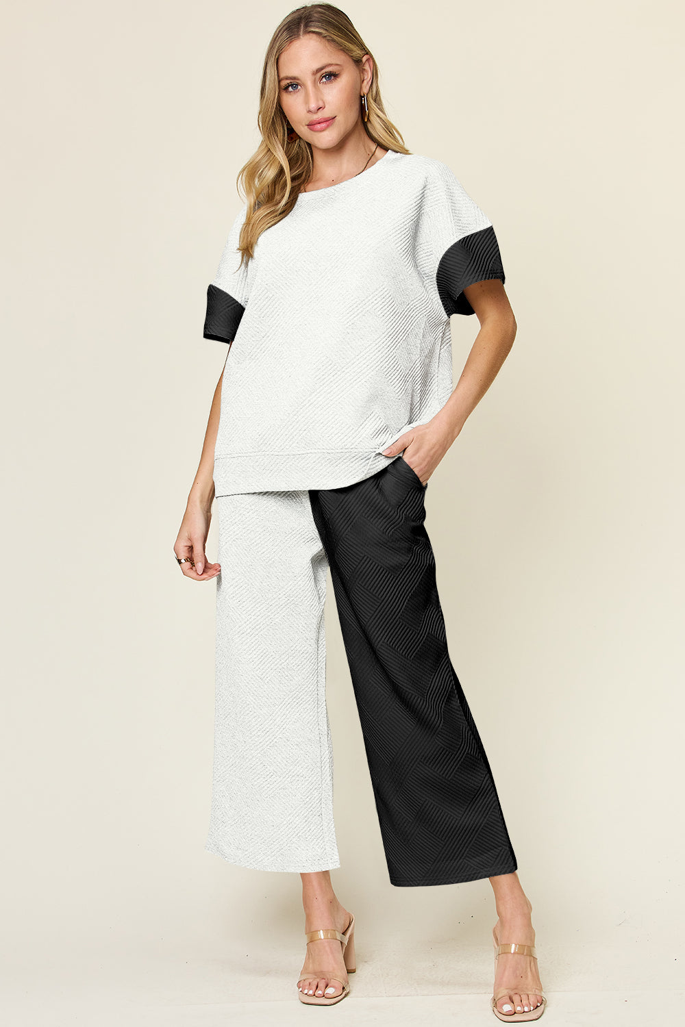 Outfit Flow - Double Take Full Size Texture Contrast T-Shirt and Wide Leg Pants Set