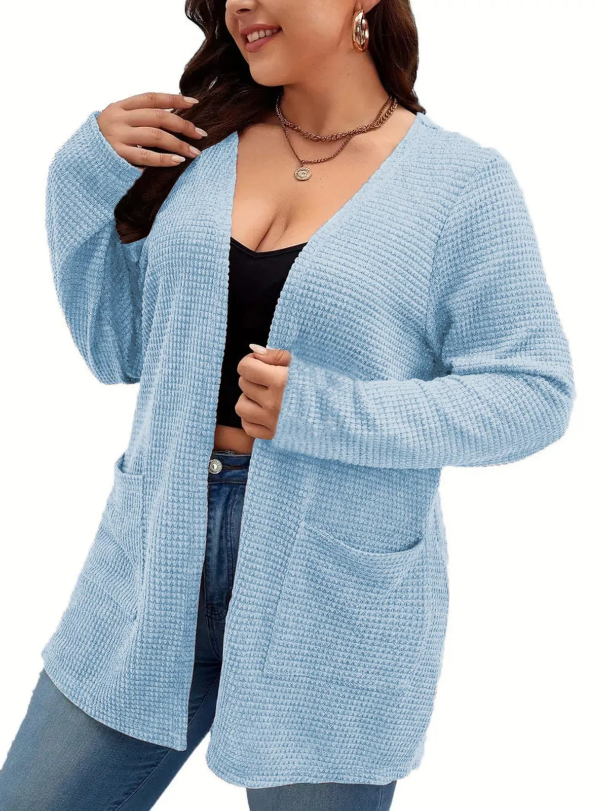 Plus Size Open Front Long Sleeve Knit Cardigan Blue OutfitFlow