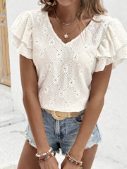 Eyelet V-Neck Short Sleeve Blouse OutfitFlow