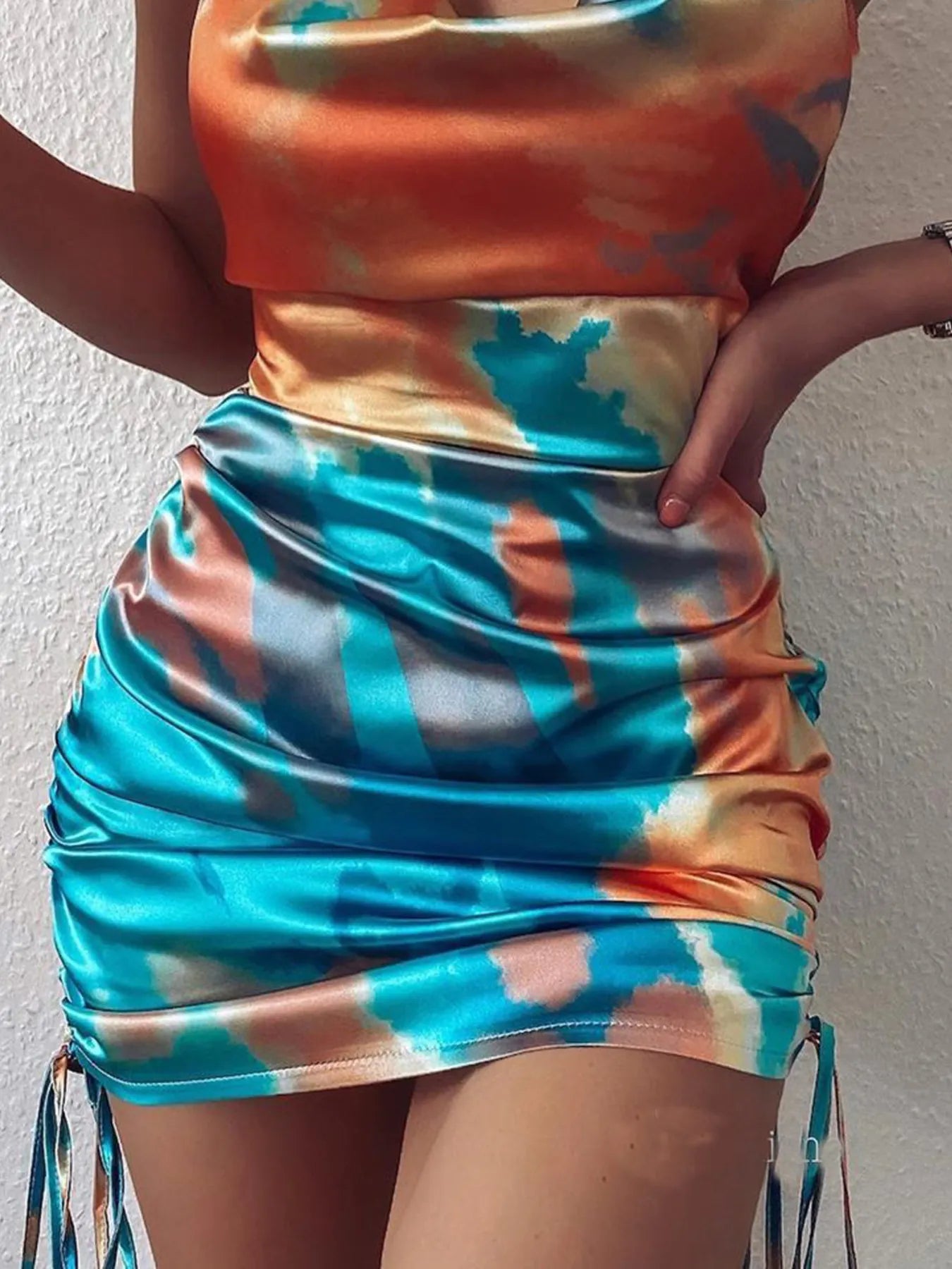 Tie-Dye Halter Ruched Mini Dress with Side Drawstring OutfitFlow