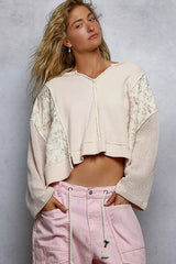 POL Mix Thermal Floral Pattern Quilted Knit Cropped Top with Raw Edge Detail OutfitFlow