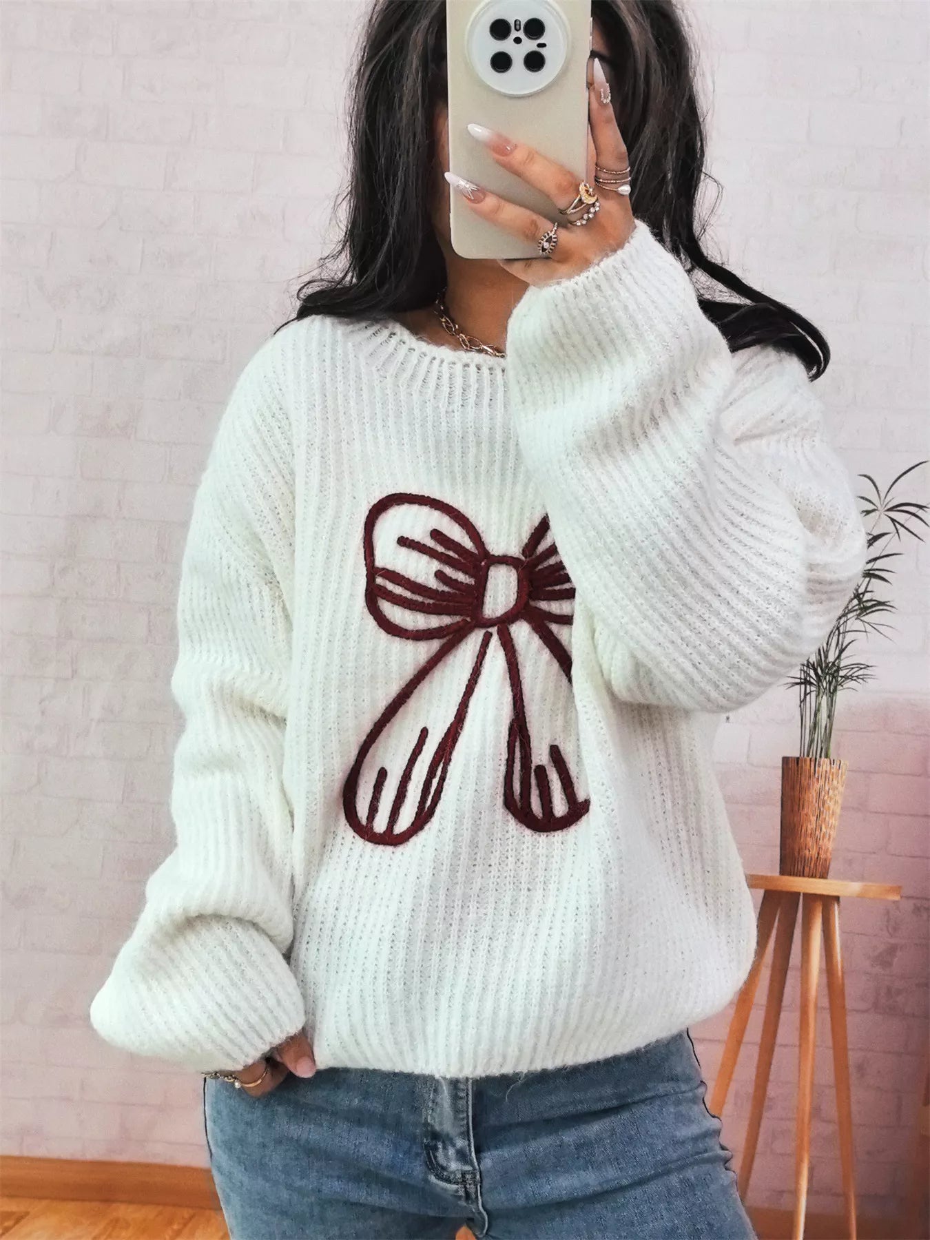 Bow Round Neck Long Sleeve Sweater OutfitFlow