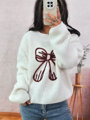 Bow Round Neck Long Sleeve Sweater OutfitFlow