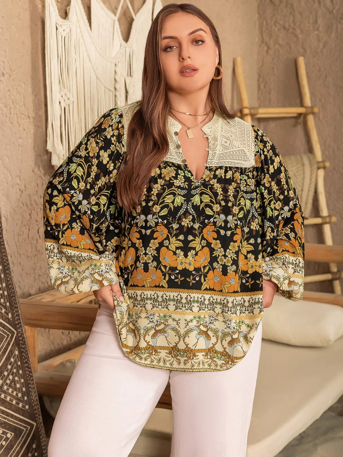 Plus Size Floral Print Notched Blouse Trendsi