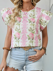 Floral Print Ruffled Sleeve Blouse Blush Pink OutfitFlow