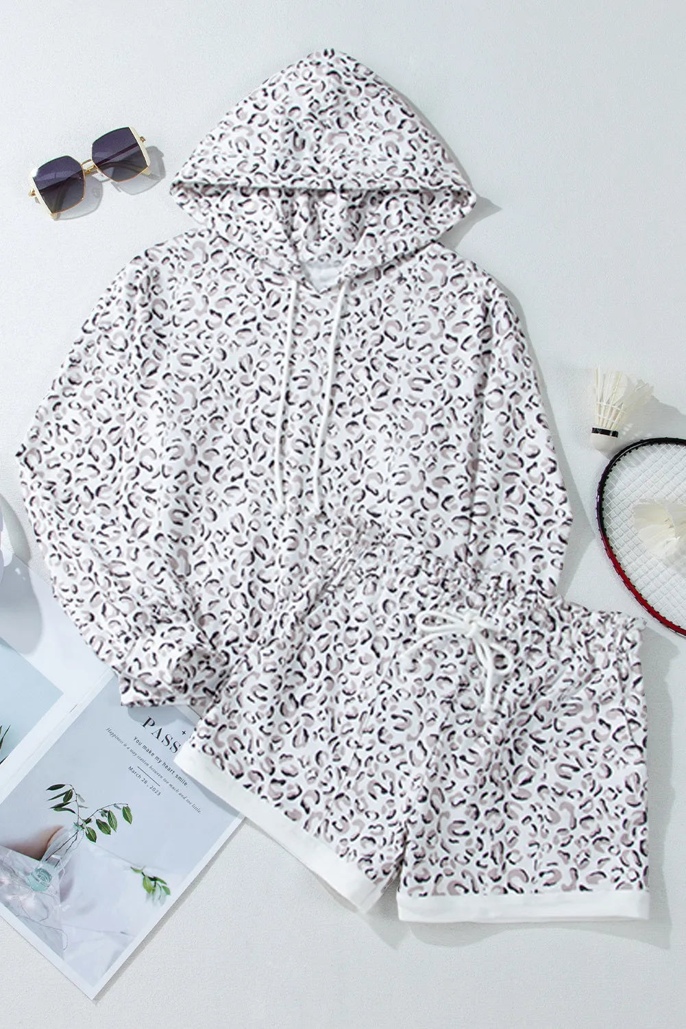 Drawstring Leopard Long Sleeve Hooded Top and Shorts Set