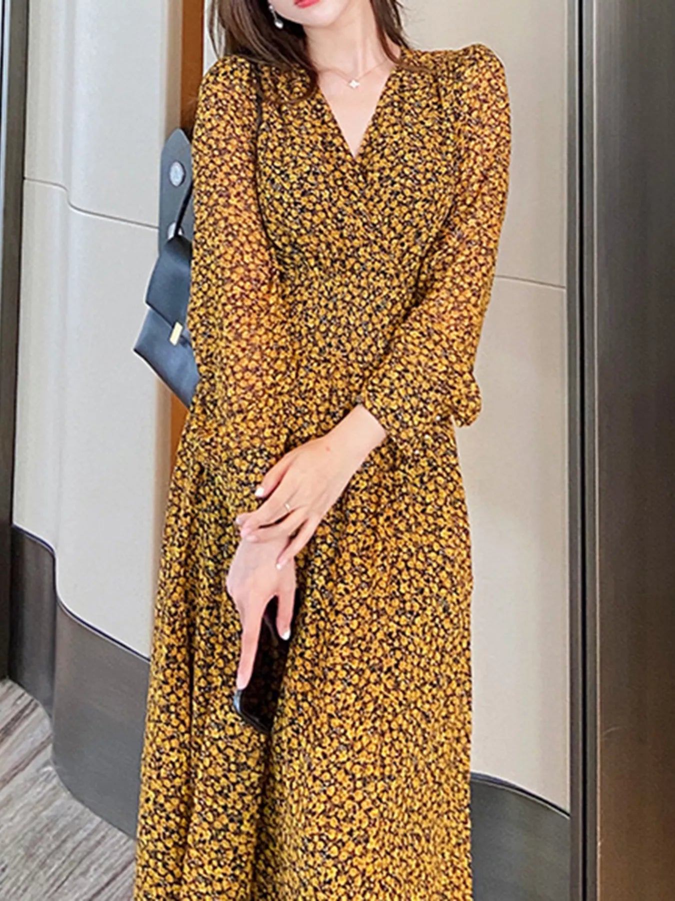 Floral Print Long Sleeve Dress Mustard OutfitFlow
