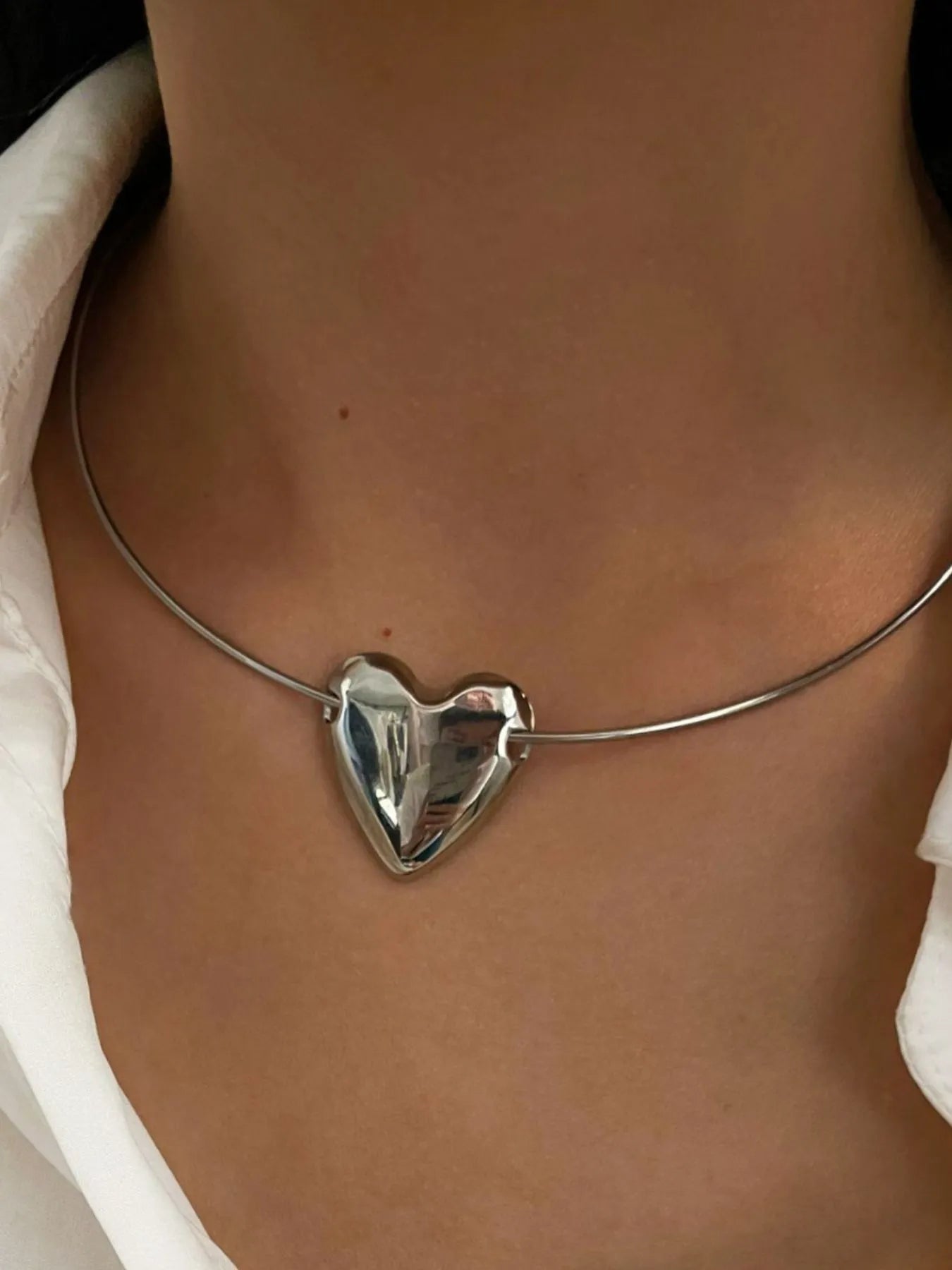 Stainless Steel Heart Pendant Choker Necklace Silver One Size OutfitFlow