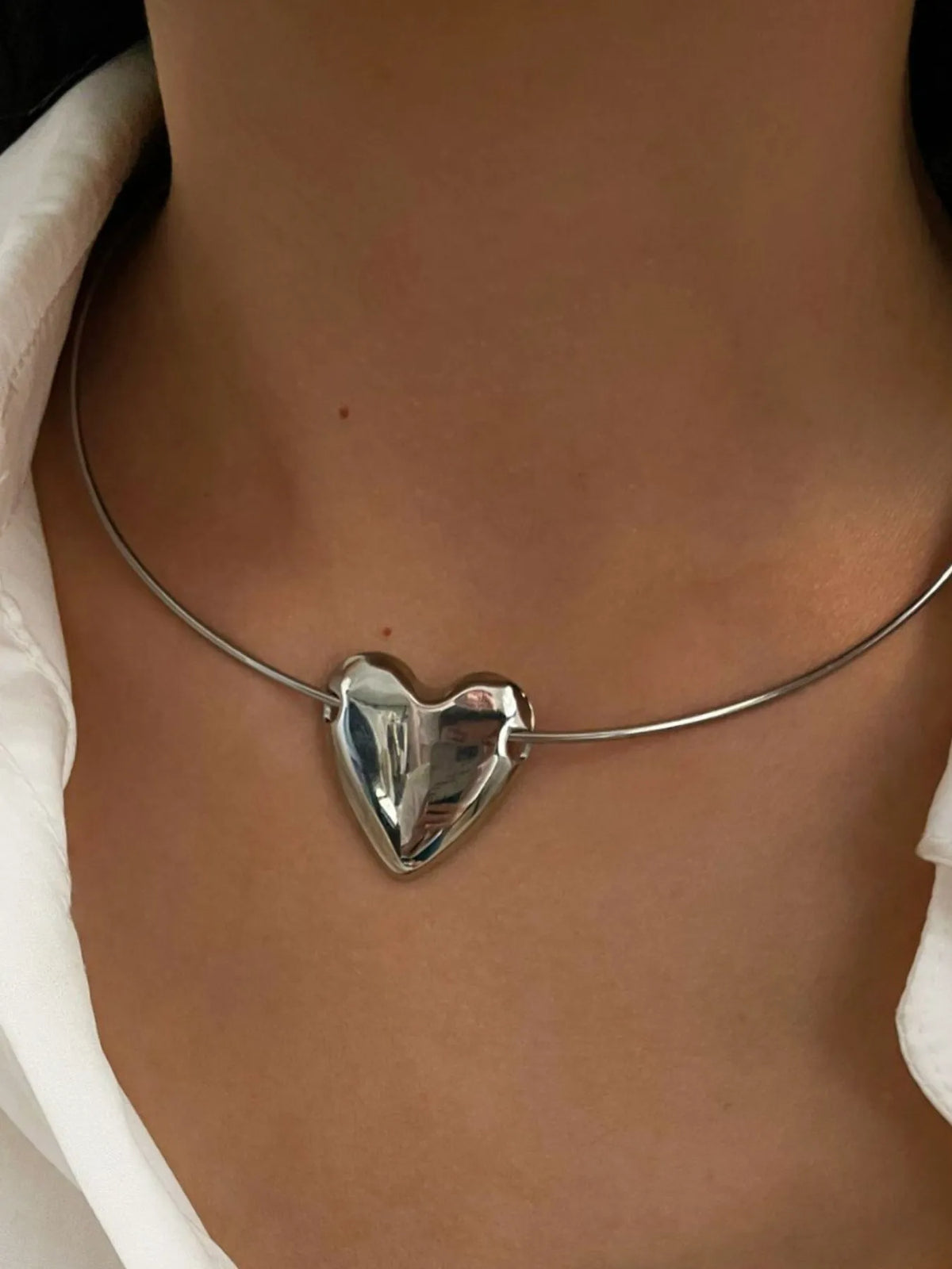 Stainless Steel Heart Pendant Choker Necklace Silver One Size OutfitFlow
