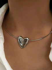 Stainless Steel Heart Pendant Choker Necklace Silver One Size OutfitFlow