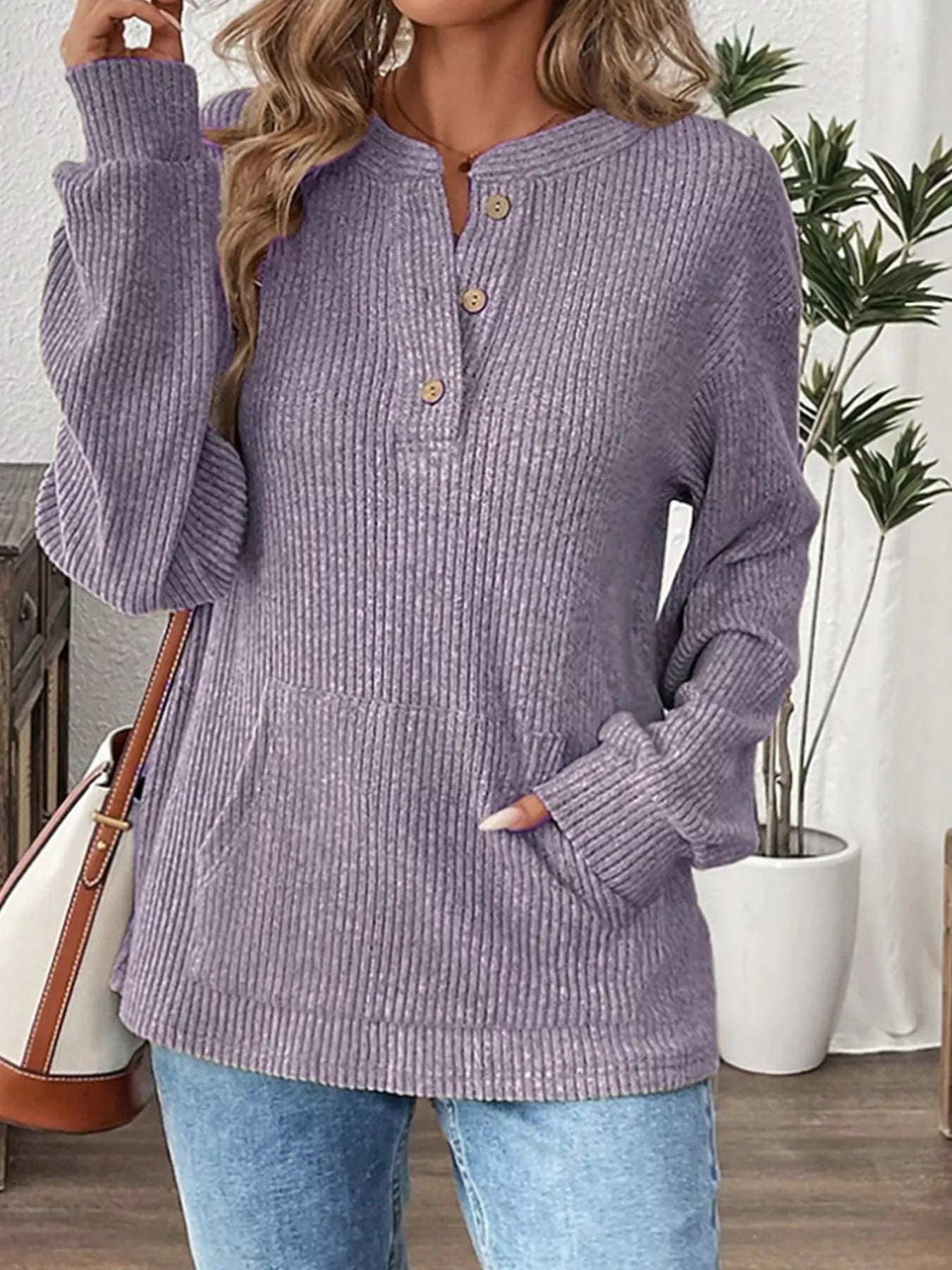 Ribbed Button Detail Long Sleeve T-Shirt Lavender OutfitFlow