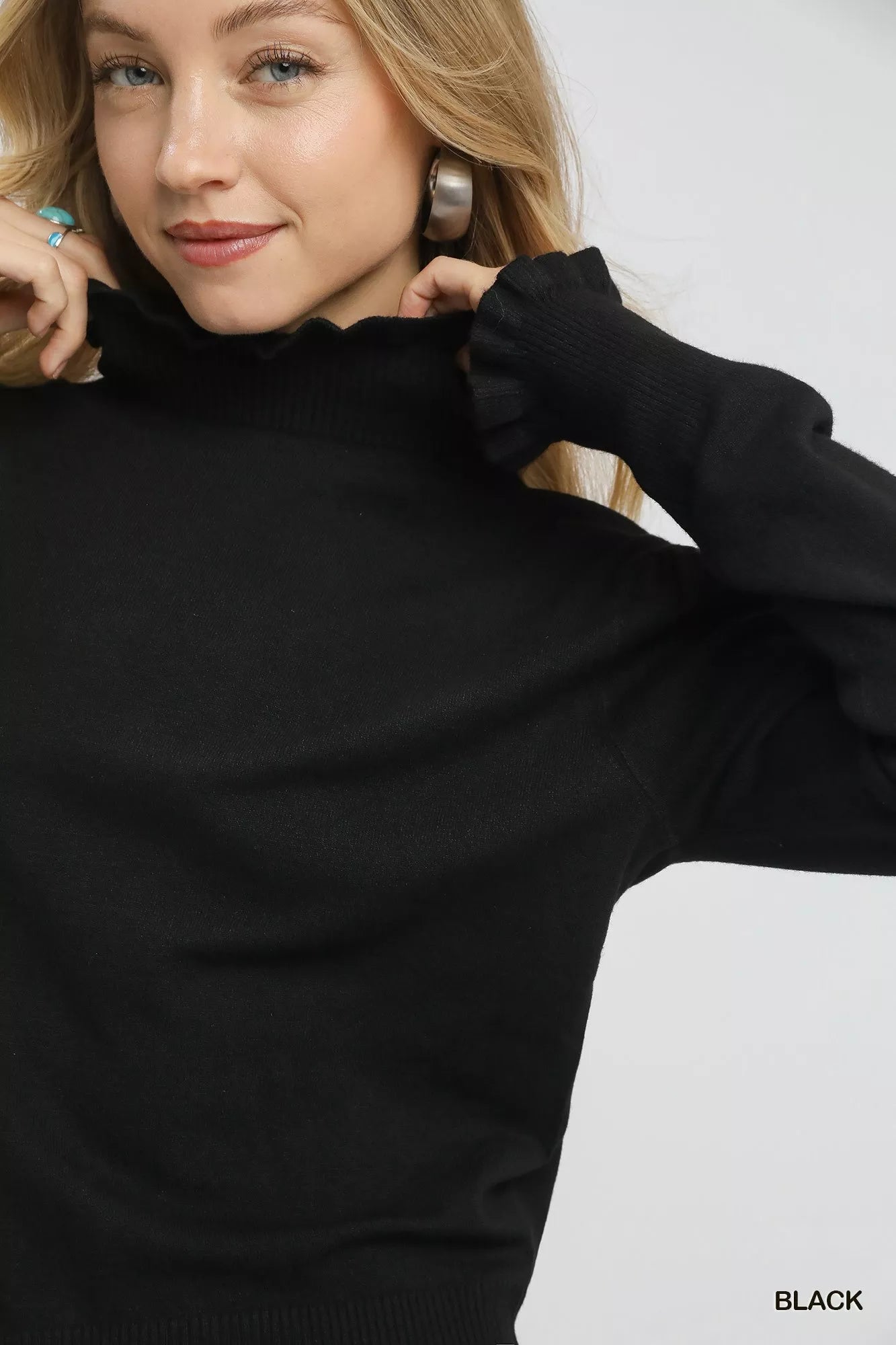 Umgee Ruffle Mock Neck Puff Sleeve Sweater OutfitFlow