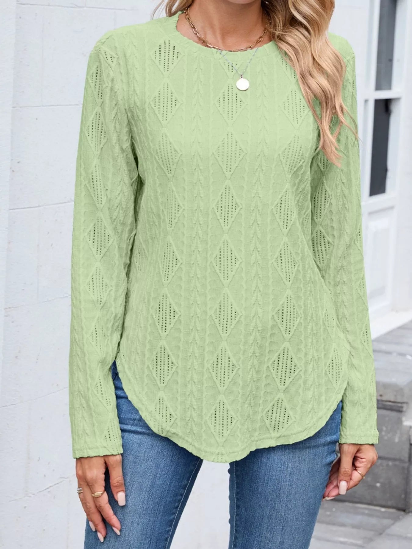 Diamond Pattern Knit Long Sleeve T-Shirt Green Trendsi