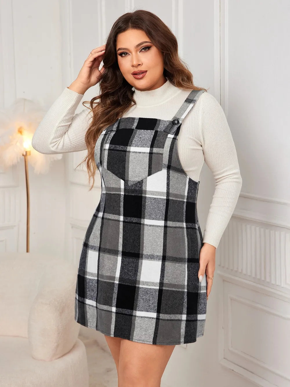 Honey Plus Size Plaid Wide Strap Overall Dress OutfitFlow