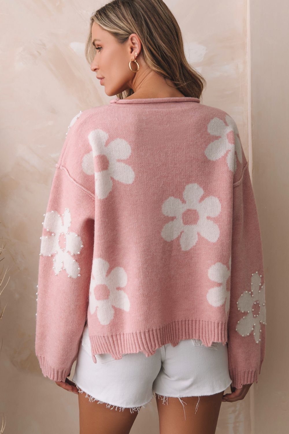 Outfit Flow - Pearl Trim Flower Round Neck Sweater