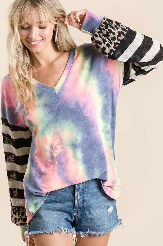 BiBi Tie Dye V Neck Top with Stripe Puff Sleeves OutfitFlow