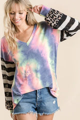 BiBi Tie Dye V Neck Top with Stripe Puff Sleeves OutfitFlow