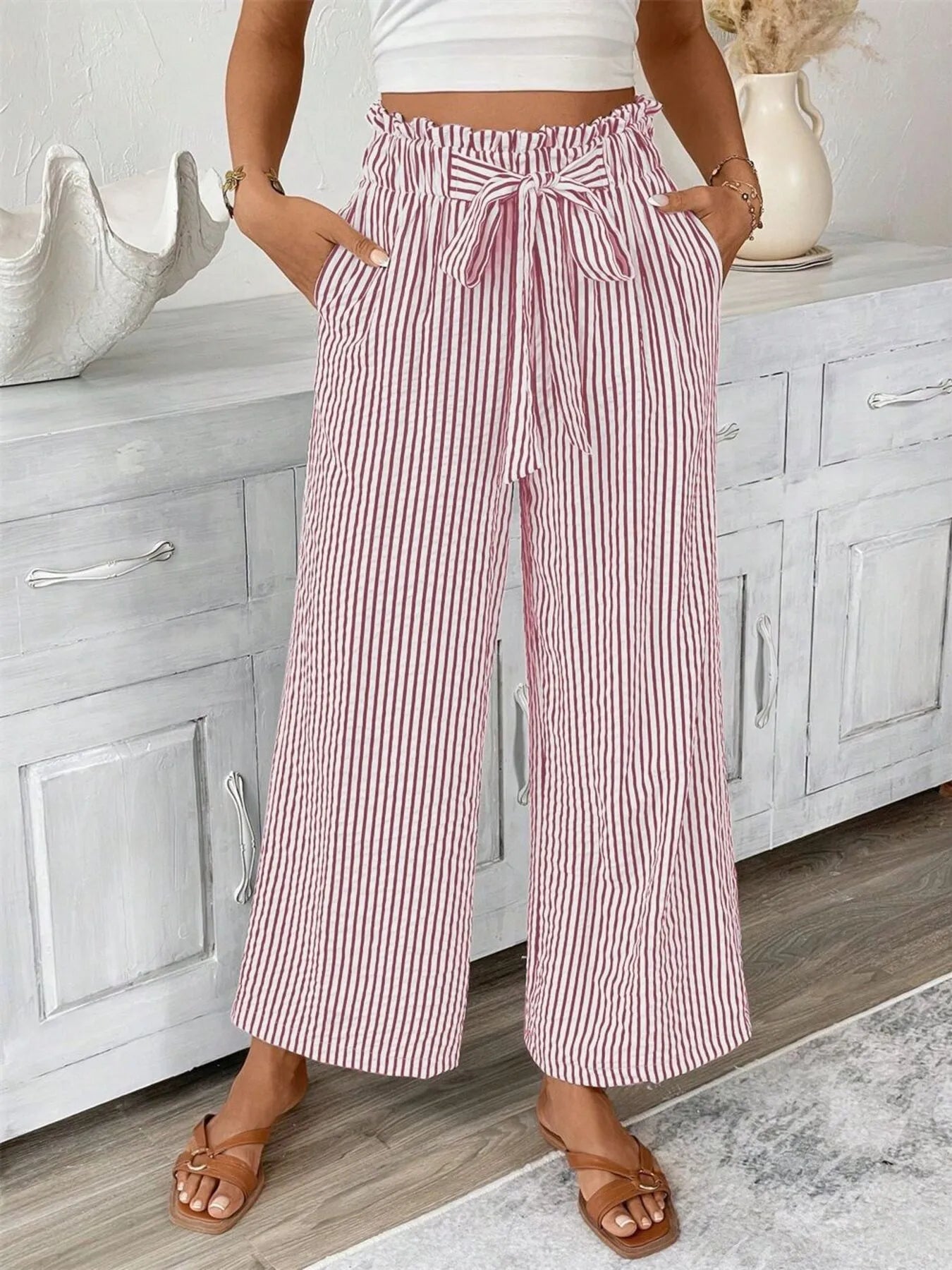 Full Size Striped Wide Leg Paper Bag Pants Plus Size Dusty Pink OutfitFlow