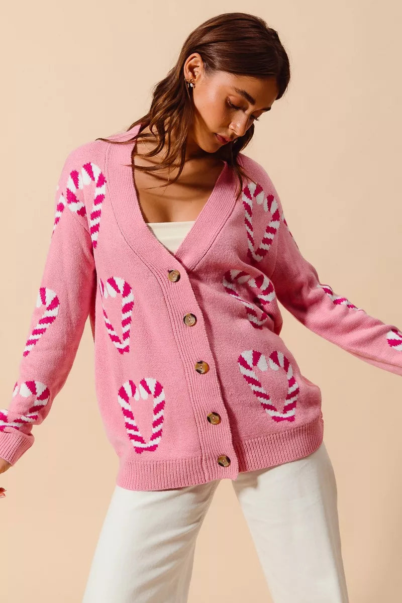 SO ME Christmas Candy Cane Button Front Sweater Cardigan OutfitFlow