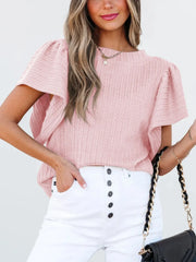 Round Neck Ruffle Sleeve Top Blush Pink OutfitFlow